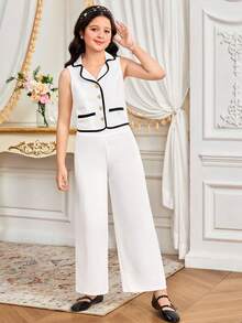 Tween Girl Elegant Colorblock Trim Lapel Sleeveless Shirt & Pants Set For Formal Occasions And Weddings, Tween Girl - Black and White - View 4