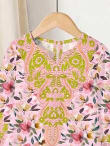 Cute Floral Print Pattern Casual Dress, Matching Family Outfits, Jalabiya Style, Suitable For Young Girls, Spring/Summer - Multicolor - View 6