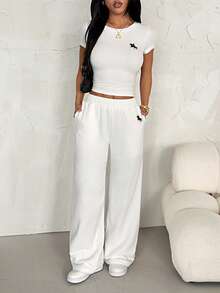 SHEIN PETITE 2pcs/Set Women Embroidery Knit Fitted Home Outfit, Summer White - White - View 6