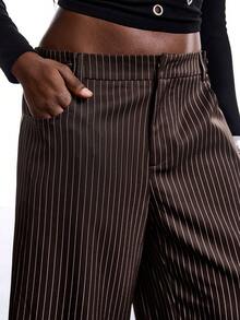 LYSMO 大码纯色条纹低腰纽扣装饰休闲复古阔腿裤，适合通勤、休闲外出和办公穿着，春秋季条纹女式工作裤 - 咖啡棕 - 查看 4