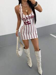 StreetHx Women's Sexy Fashion Street Numeric & Letter Striped Print Backless Halter Bodycon Mini Dress, Summer - Multicolor - View 3