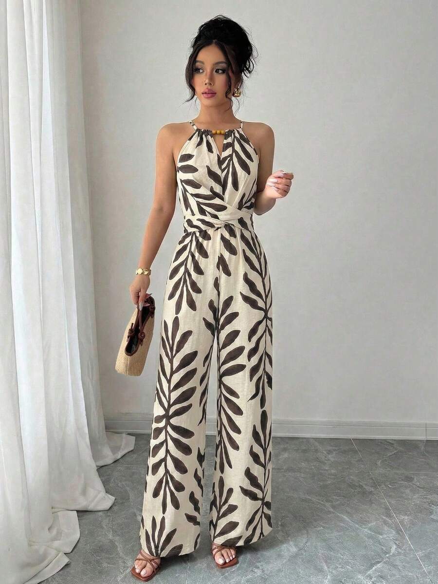 Selianne Women's Elegant Casual Beige Base With Brown Design Linen Fabric Halter Beaded Design Waist Bow Tie Design Jumpsuit, Spring/Summer - Multicolor - View 1