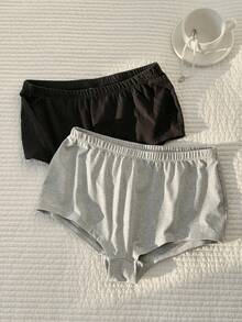 CovetEZ 2条装女士休闲弹力腰纯色短裤，适合日常通勤和夏季穿着 - 彩色 - 查看 5