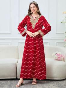 SHEIN Red Polka Dot Woven Print Pattern Robe For Teen Girls, Casual, Vacation, Daily Wear, Modest Arabic Jalabiya Style,Kids - Red - View 5
