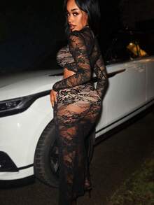 BamGleam Valentines Sexy Women'S Lace See-Through Twisted Bell SleeveTop & High Slit Skirt, 2pcs/Set - Black - View 2