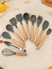 Madebyblanc Silicone Cookware Set, 12 Large Heat-Resistant Kitchen Utensils, Turner Pliers, Spatula, Spoon, Wooden Handle Kitchen Small Tool, With Anti Stick Cookware Holder - Dark Grey - View 3