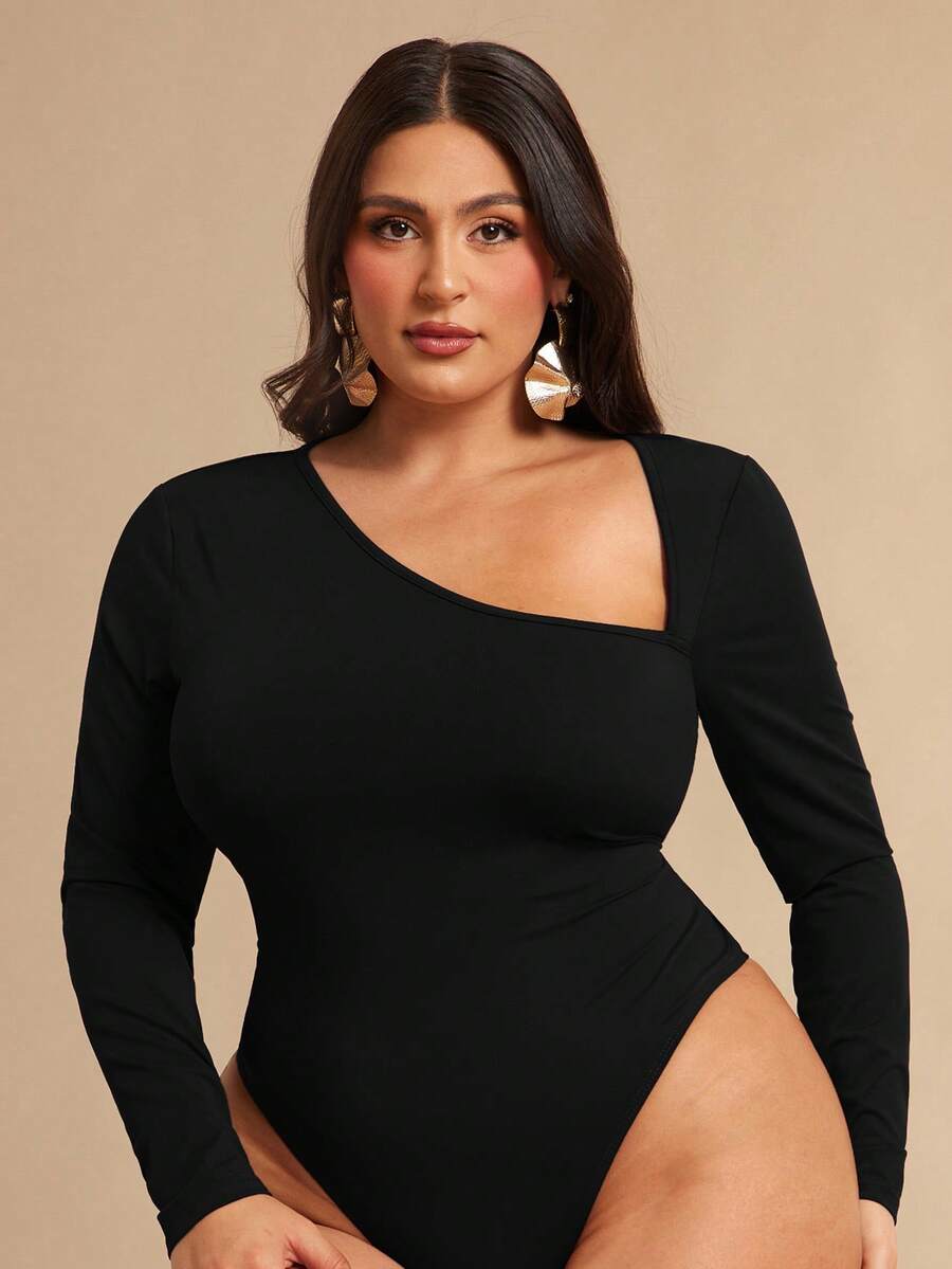 SHEIN BAE Bodysuit Assimétrico de Manga Longa para Mulheres Plus Size, Vermelho Vinho - Preto - Visão 1