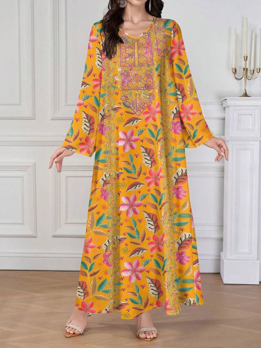 SHEIN Najma Women's Geometric Collar Floral Digital Retro Print V-Neck Long Sleeve Elegant Arabic Dress, Spring/Autumn - Multicolor - View 1