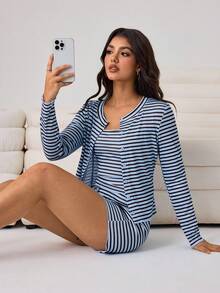 Aidyla Women's Blue Striped Knit Cardigan, Matching Blue Striped Knit Tank Top And Shorts 3 Pieces Set, Spring/Summer - Blue - View 1