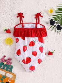 SHEIN Emery Rose Kids 女童草莓图案荷叶边泳衣和帽子套装，可爱针织夏季女童夏季度假沙滩西瓜印花荷叶边连体泳衣 - 紅白色 - 查看 6