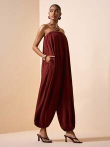 Zivah Women's Solid Color Pleated Pocket Jumpsuit, Fashionable For Daily Wear, Travel And Vacation - Brown - View 4