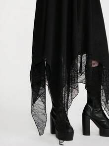 Breakform Chân váy dài dáng suông phong cách Gothic cổ điển dành cho nữ, eo chun, chất liệu chiffon phối ren tương phản, vạt váy bất đối xứng đôi, lót vải dệt. - màu đen - Xem 5