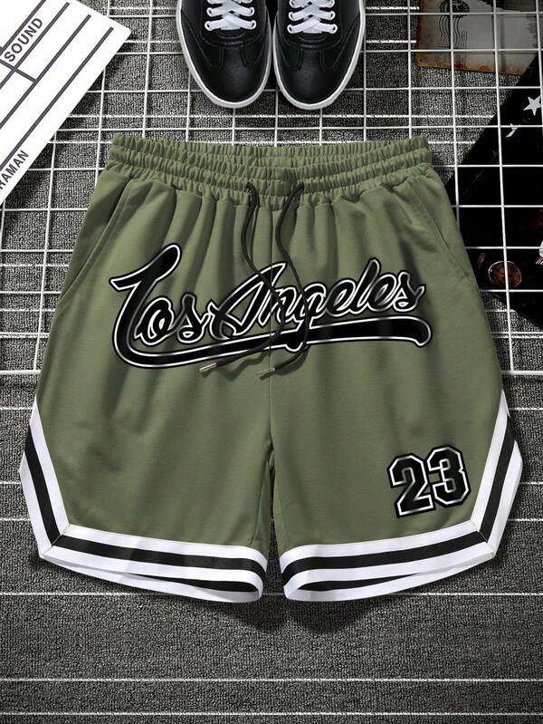 Manfinity EMRG Pantalones cortos sueltos para hombres con gráfico de letras y ribete a rayas con cordón en la cintura