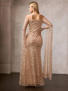 MOTF Soiréza Đầm maxi nữ thanh lịch, ôm sát, hở vai, tay dài, đính sequin lấp lánh, xẻ cao, dáng đuôi cá – lý tưởng cho các sự kiện trang trọng, dạ hội, tiệc tùng và bữa tối. - Rượu sâm banh - Xem 4