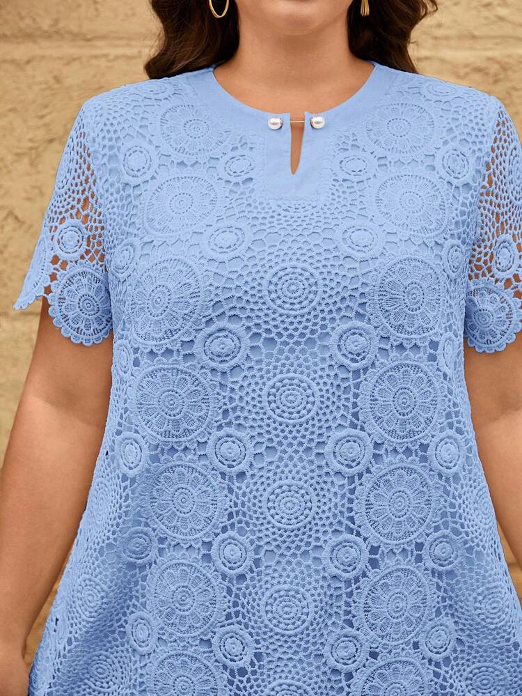 Vestido de encaje de unicolor elegante talla grande, verano - Celeste - Añade 7
