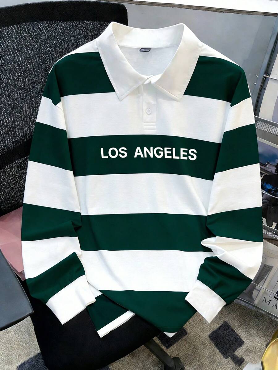 Manfinity Joysei Men's Casual Green And White Striped Long Sleeve Polo Shirt, Rugby Shirt