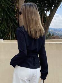 DAZY Striped Print Button Front Belted Shirt - Navy Blue - View 4