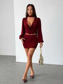 SHEIN PETITE Bộ vest công sở màu đỏ tía thanh lịch, thích hợp cho công sở, mùa thu, mùa đông, màu đỏ, trang phục gợi cảm cho nữ dự tiệc, bộ đồ thanh lịch cho nữ, váy dự tiệc, năm mới, Giáng sinh, Lễ Tạ ơn, váy ôm gợi cảm, váy hẹn hò, váy cổ chữ V sâu, váy dự hộp đêm, váy màu rượu vang đỏ. - Màu Đỏ Sâu - Xem 5