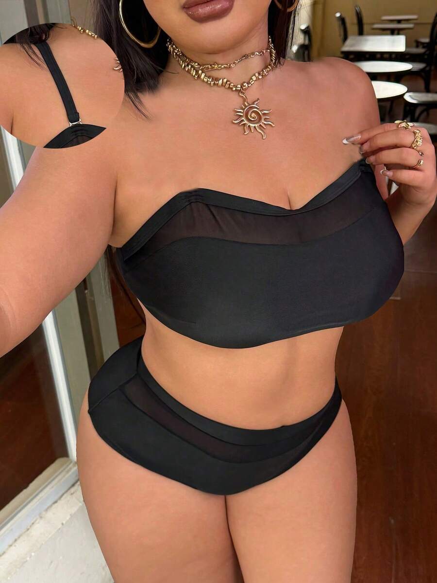 Swim SXY Plus Size Women Solid Color Lace Patchwork Sexy Minimalist Two Pieces Swimwear - Black - View 1