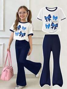 2pcs/Set Spring/Summer Toddler Girls' Outfit, White Round Neck Short Sleeve T-Shirt + Blue Flare Leg Pants, Blue Trim Collar & Cuffs, Bow & Text Print, Elastic Waist, Cute & Sweet Style Suitable For Play, Small Gatherings, Outings - Multicolor - View 5