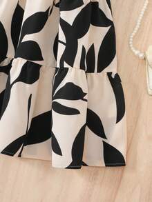 SHEIN LMoss Kids 少女夏季度假风印花荷叶边袖口系带腰部层叠下摆连衣裙 - 彩色 - 查看 8