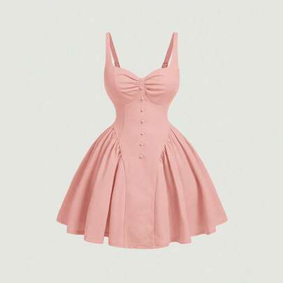 Abito da donna taglie forti senza maniche con decorazione arricciata sul busto, bottoni, volant sul fondo, adatto per compleanni, matrimoni e occasion