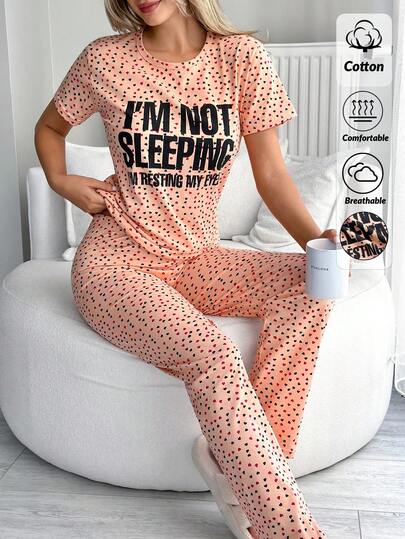 EURMUSE Pijamale confortabile pentru femei, cu imprimeu de inimă, cu mânecă scurtă, din bumbac, 2 buc, pentru casă, pijamale confortabile, pentru casă, pijamale confortabile, pentru casă, pijamale drăguțe, pijamale de noapte