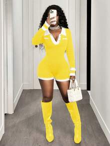 BamGleam Women's Contrast Color Collar Long Sleeve Casual Knitted Romper - Yellow - View 3