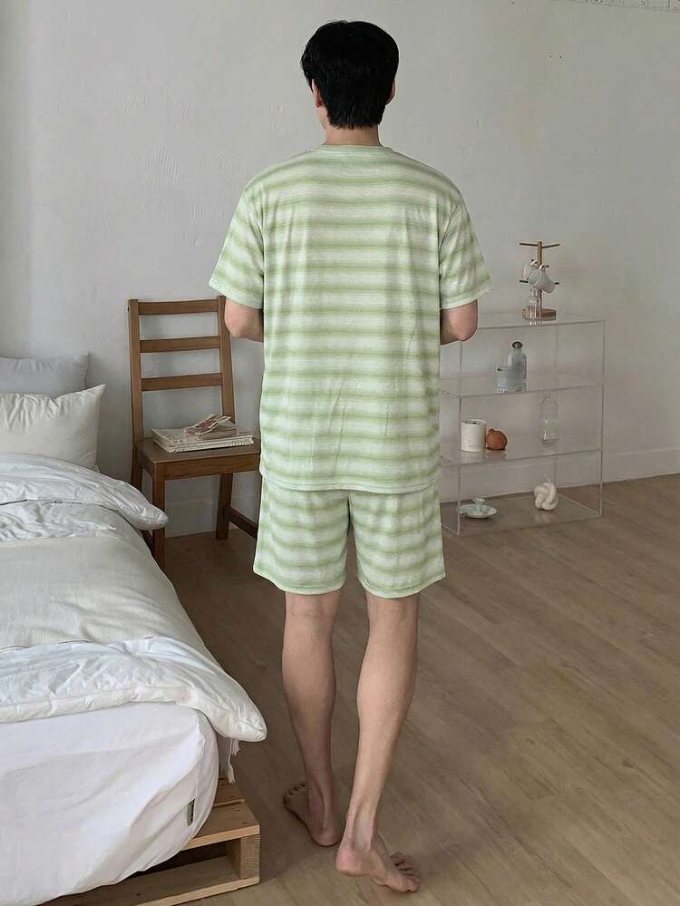 Men's Summer Short Sleeve T-Shirt And Shorts Striped Pajama Set