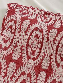 Elamini 海军蓝无肩带露肩褶皱腰身修身镂空刺绣荷叶边下摆波西米亚风休闲A字迷你连衣裙 - 酒紅色 - 查看 3