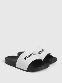 Missguided x Playboy Slip On Slides With Bold Lettering Logo Single Wide Strap Open Toe Flat Summer Pool Sandals - White Black - View 2