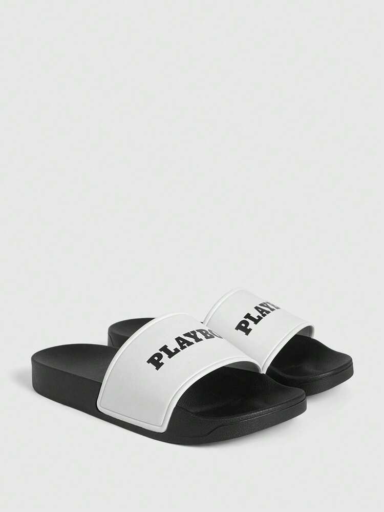 Missguided x Playboy Slip On Slides With Bold Lettering Logo Single Wide Strap Open Toe Flat Summer Pool Sandals