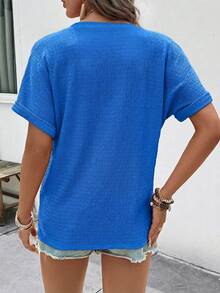 EMERY ROSE Women's Solid Color V-Neck Button Design Short Sleeve Casual T-Shirt - Blue - View 2