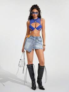 Jeanoix Women's Casual Fashion Street Style Overlap Waist Asymmetrical Hem Washed Denim Mini Skirt, Summer - Blue - View 7