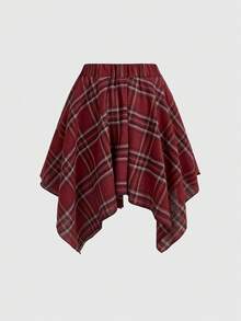 ROMWE Grunge Punk Grunge 复古格纹系带不对称层叠半身裙 - 紅色 - 查看 2