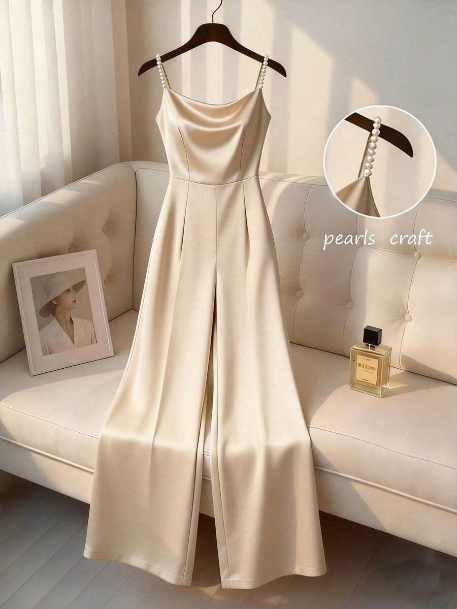 GlowEve Women's Elegant Pearl Chain Strap Draped Neck Jumpsuit With Waist Cinching, Spring/Summer - Apricot - View 1