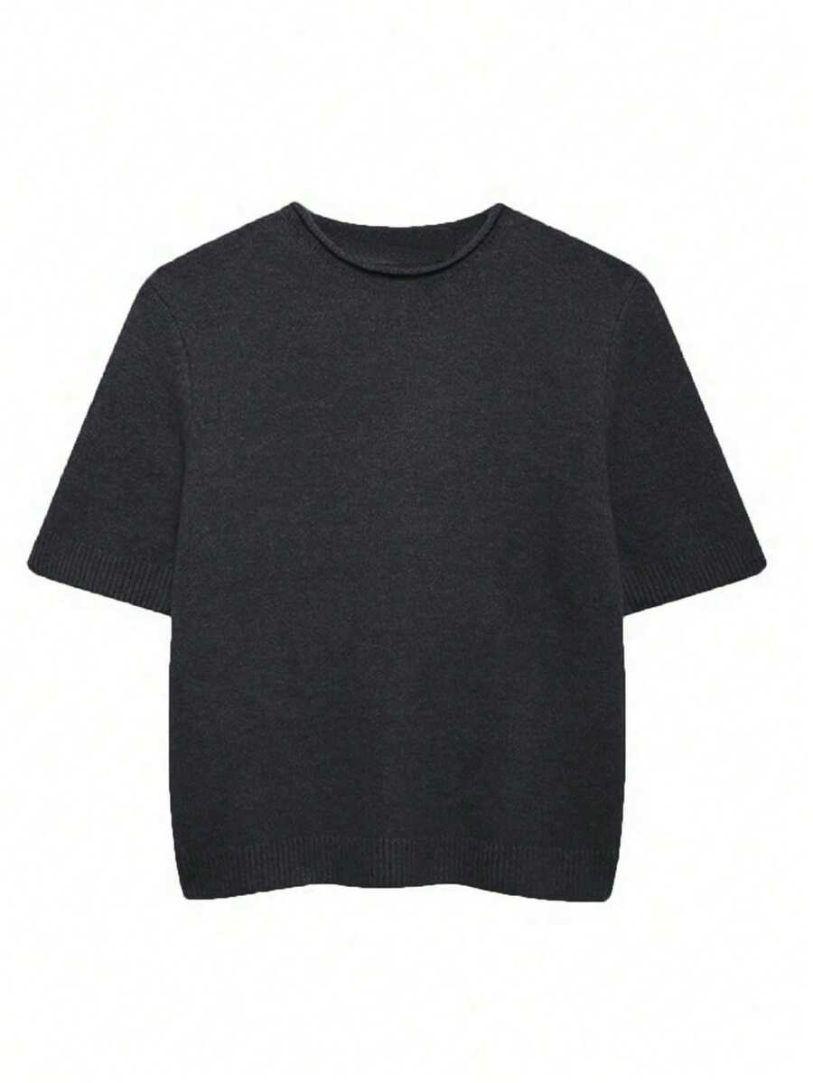 INAWLY Women's Solid Color Round Neck Casual Versatile Short Sleeve Knit Top - Dark Grey - View 1