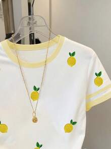 SHEIN 女士水果刺绣圆领短袖休闲百搭T恤 - 彩色 - 查看 4