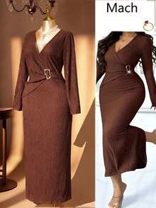 Rometta Plus Size Women Summer Elegant Brown Knitted Bodycon Dress,Autumn Long Sleeve V-Neck Metal Button Dinner Dress, Textured Twist Knot Split Design - Coffee Brown - View 2