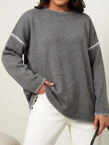 Plus Size Contrast Trim Drop Shoulder Sweater For Autumn & Winter - Coffee Brown - View 1