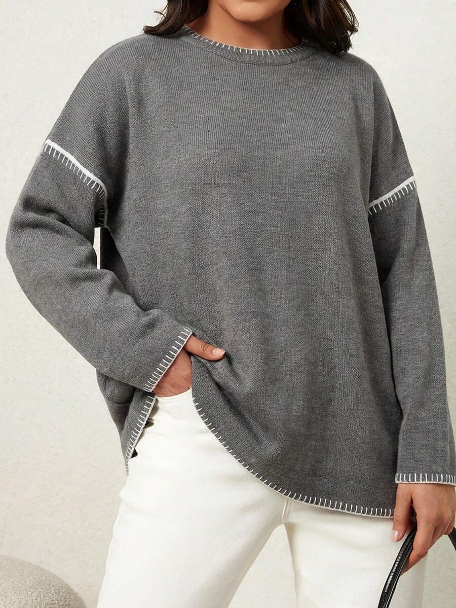 Plus Size Contrast Trim Drop Shoulder Sweater For Autumn & Winter - Coffee Brown - View 1