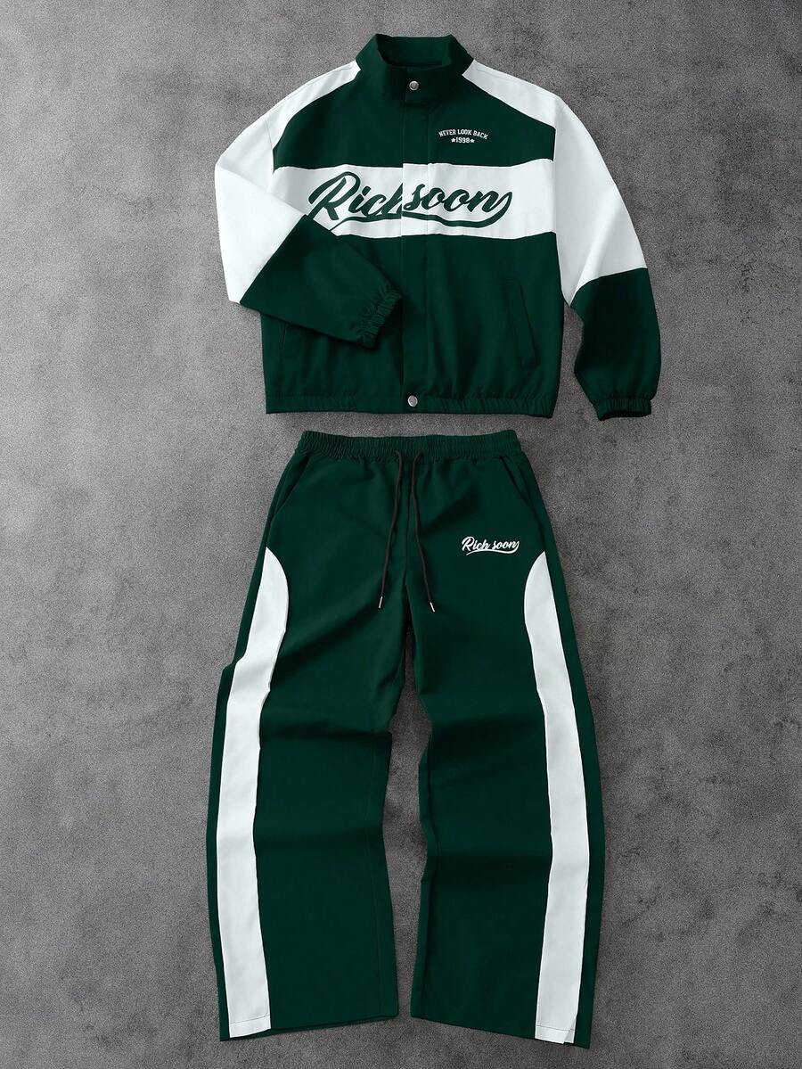 PAVTROS Men's Letter Graphic Long Sleeve Single-Breasted Jacket And Drawstring Waist Long Pants Casual Suit - Multicolor - View 1