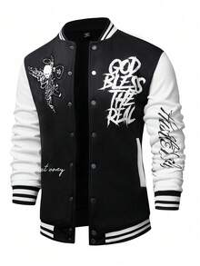 Manfinity Campus Court Áo khoác bóng chày dài tay đơn giản in họa tiết hàng ngày dành cho nam, Áo khoác bóng chày phối màu thời trang đi chơi, Quà tặng cho bạn bè, chồng, bạn trai, Mùa thu - màu đen - Xem 6