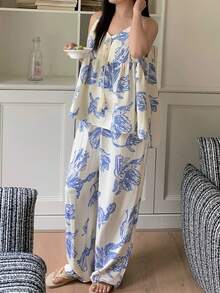 Dazy Plus 两件套睡衣：宽松长款睡裙和阔腿睡裤，春夏款 - 白色 - 查看 6