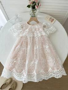 LMoss Kids 女童纯色圆领网纱刺绣休闲连衣裙 - 白色 - 查看 4
