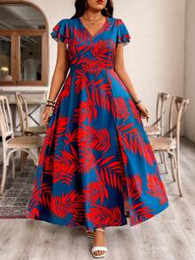 Breezaya Plus Size Boho Dusty Blue Long Dress With Red Random Print Deep V Neck Flounce Short Sleeve - Dusty Blue - View 8
