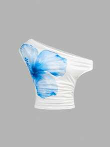 SHEIN Teen Girl Casual Vacation Daily Off Shoulder White Base Blue Floral Print Snug Fit T-Shirt Top - White - View 5