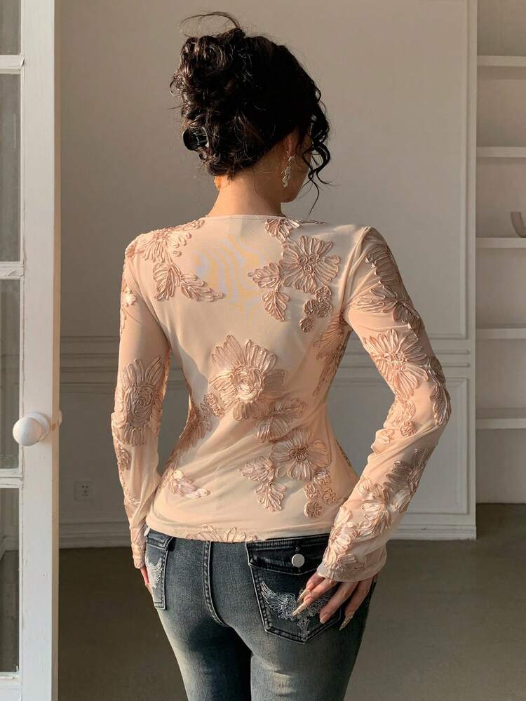 Women's Elegant Floral Print T-Shirt, Spring/Summer Long Sleeve,Wedding Guest Dress Women