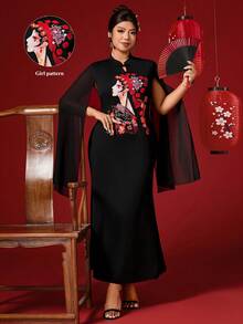 Cravure 加大码中国风优雅图案披肩袖纽扣前开襟长裙 - 黑色 - 查看 1