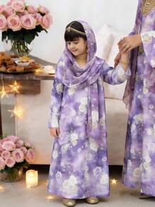 SHEIN 少女V领碎花休闲连衣裙配围巾 - 紫色 - 查看 2